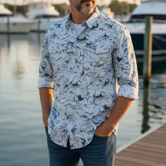 NEW Guy Harvey Fishing Shirt Men’s Size Large Powder Blue Marlin Fish Print LS - Picture 1 of 13